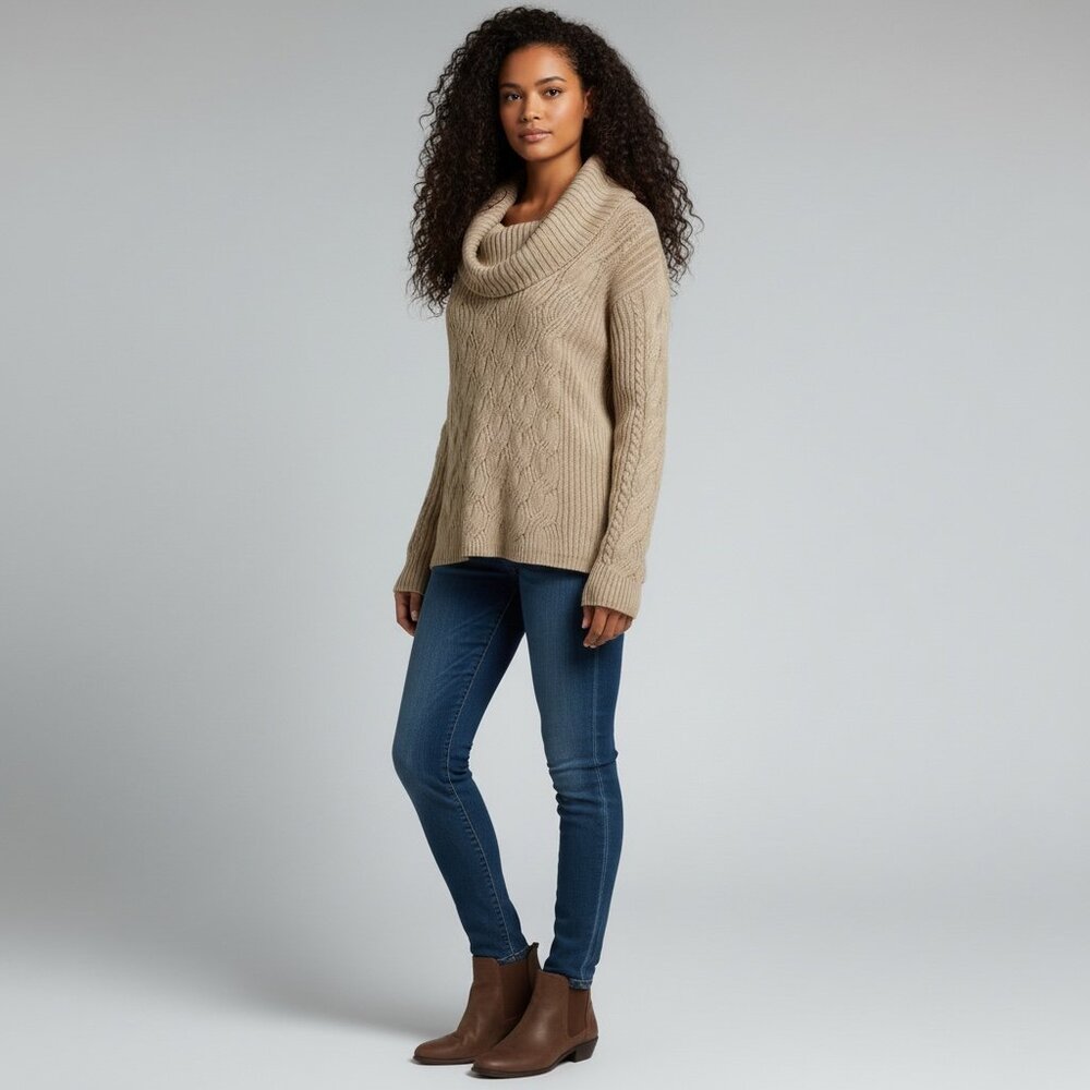 Calvin Klein Cowl Neck Cable Knit Sweater Beige Taupe Neutral – Size M